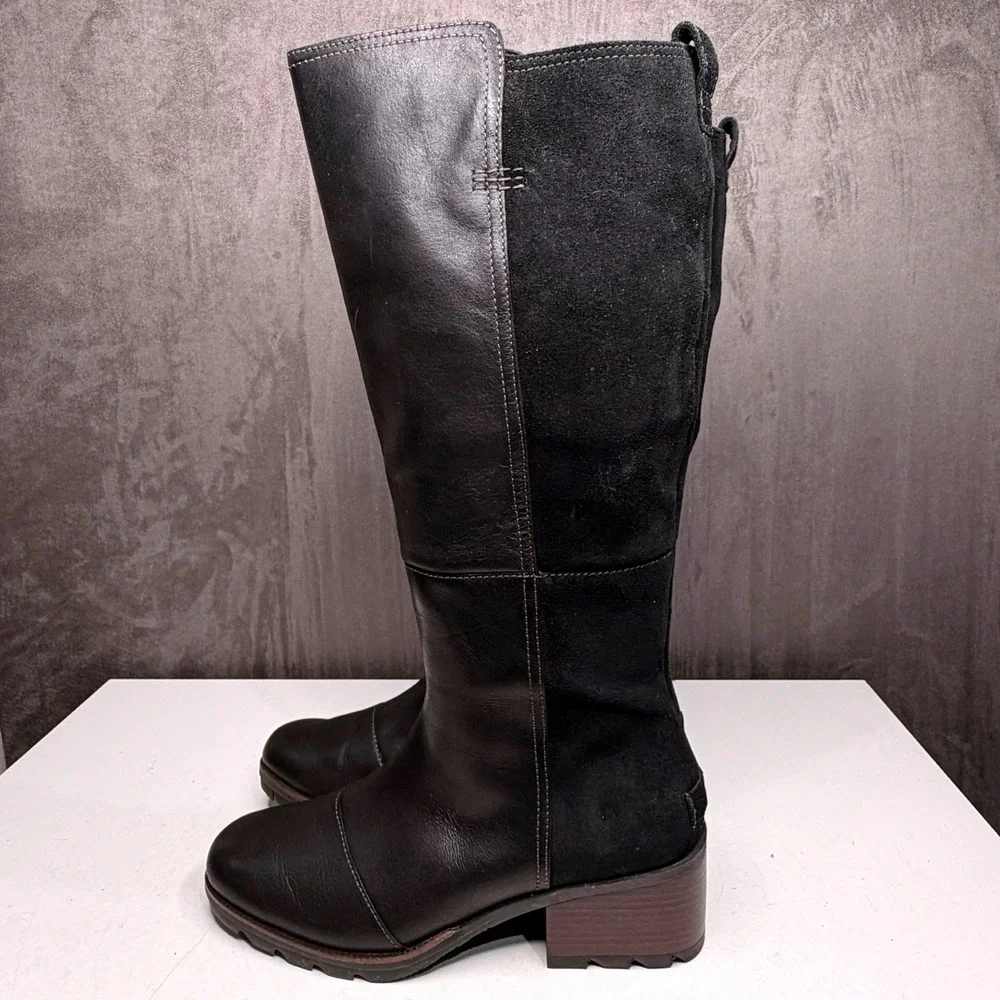 Sorel Cate Tall Boot Womens 9.5 Black Leather Suede Riding Waterproof Block Heel